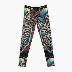 Happy Floral Skeleton Halloween Skull Ribcage Grateful Dead Illustration Fantasy Leggings RB0512