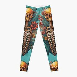 Floral Skeleton Art Halloween Fantasy Skull Ribcage Grateful Dead Illustration Leggings RB0512