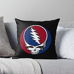 a grateful skull cartoon wearing blue and red headphones listening rock music Throw Pillow RB0512