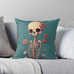 Happy Floral Skeleton Art Halloween Fantasy Skull Ribcage Grateful Dead Illustration Throw Pillow RB0512