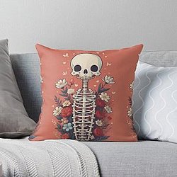 Floral Skeleton Halloween Skull Ribcage Grateful Dead Illustration Fantasy Throw Pillow RB0512