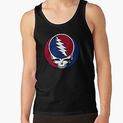 a grateful skull cartoon wearing blue and red headphones listening rock music Tank Top RB0512