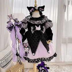 Sanrio Kuromi Children Lolita Girls Party Dress Heart Bow Lace for Kids