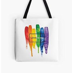 Rainbow Bags - Watercolor LGBT Love Wins Rainbow Paint Typographic All Over Print Tote Bag RB1603